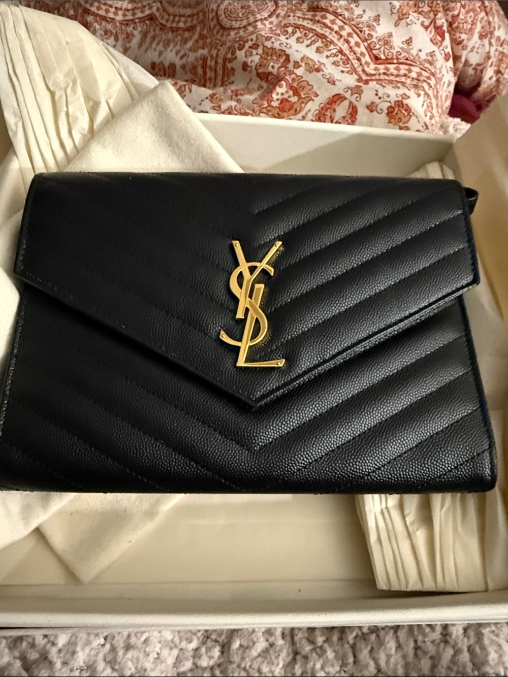 Saint Laurent Black Quilted Leather Envelope Clutch with Gold YSL Hardware